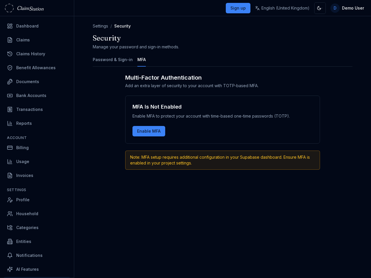 ClaimStation Settings Security MFA